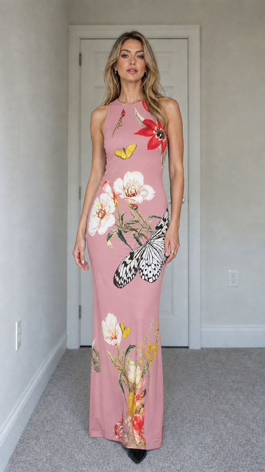 Model wearing pink floral butterfly print sleeveless maxi dress