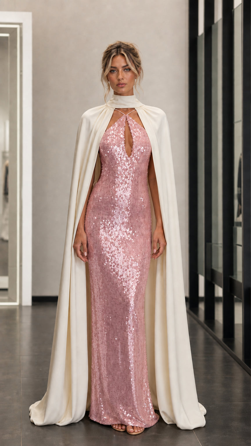 Front view of pink sequin evening dress with cape