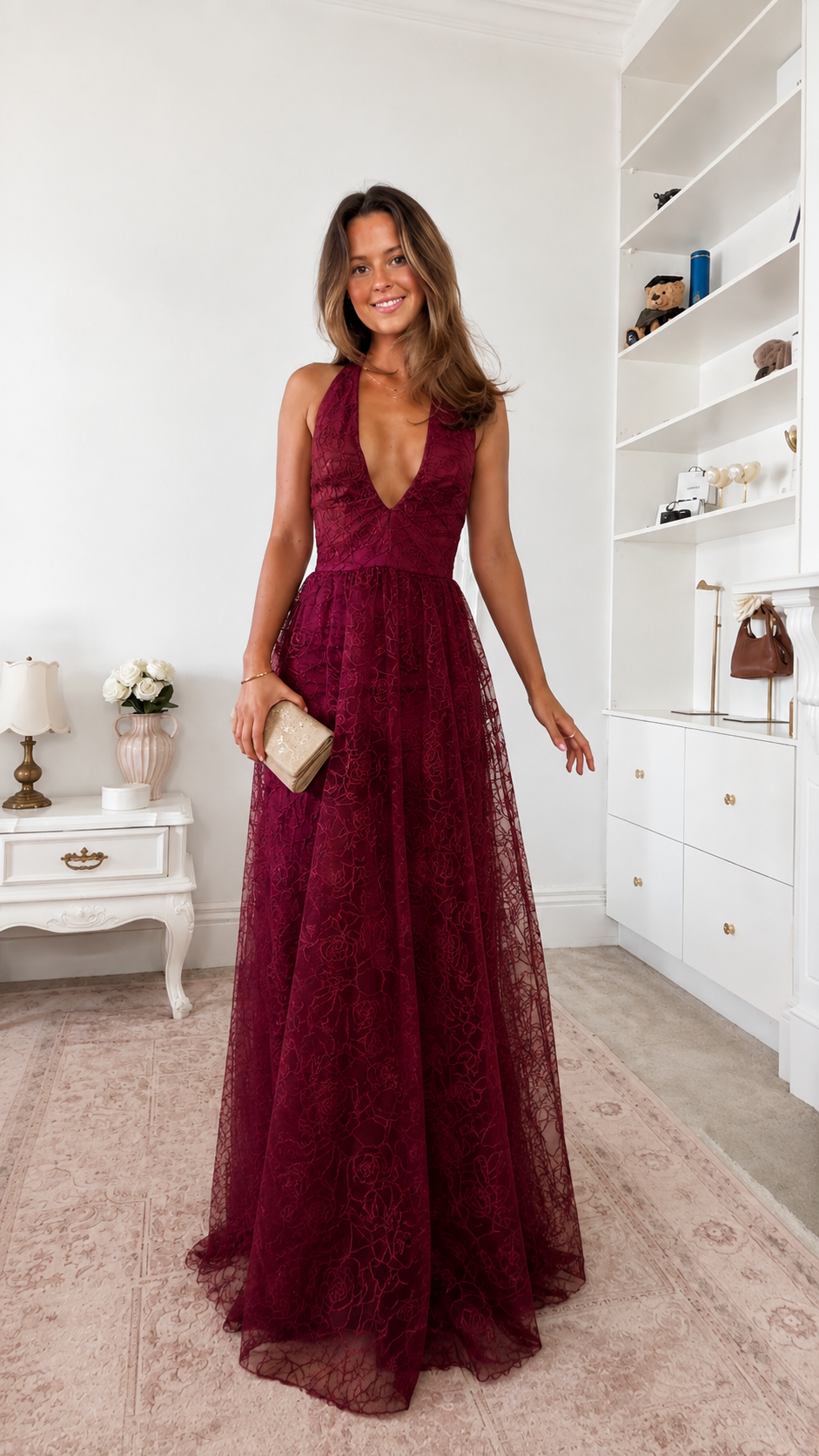 Elegance Halter Neck Lace Maxi Dress in Burgundy front view