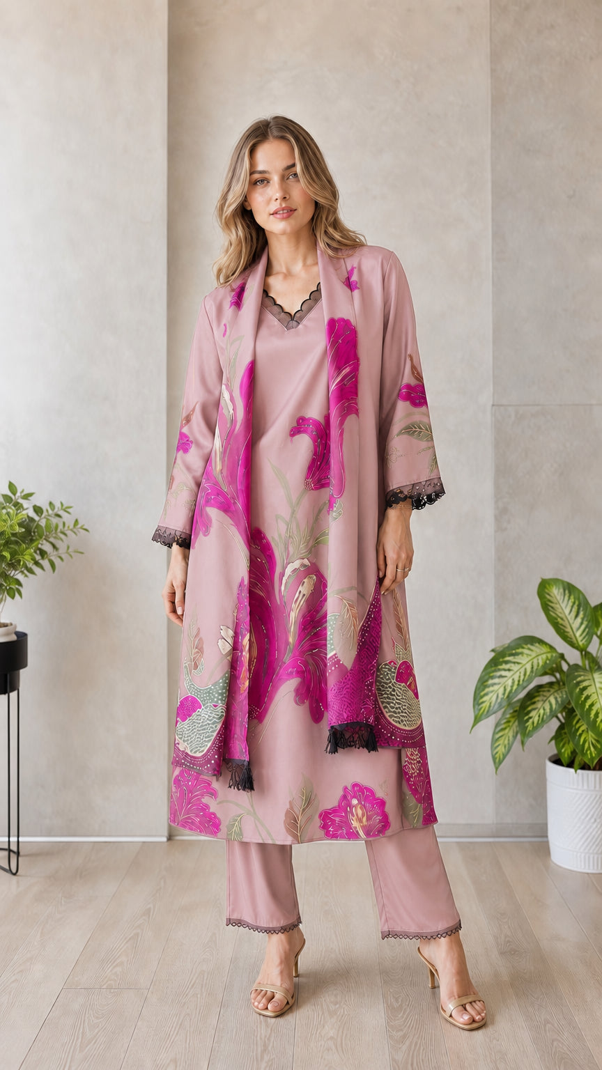 Model wearing pink floral 3-piece cardigan set