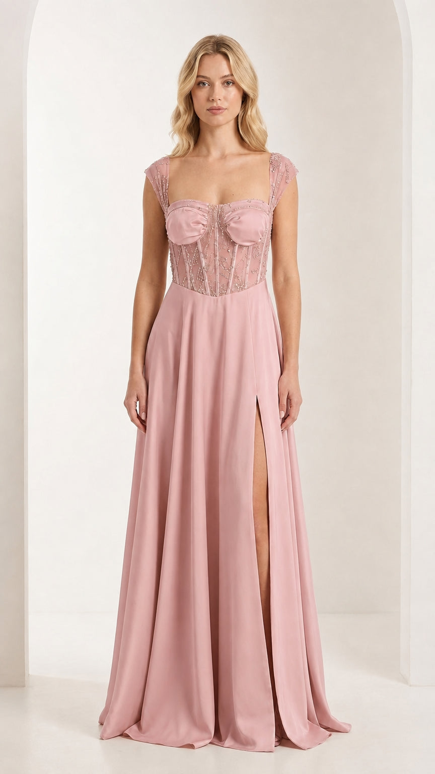 Front view of dusty pink corset evening gown