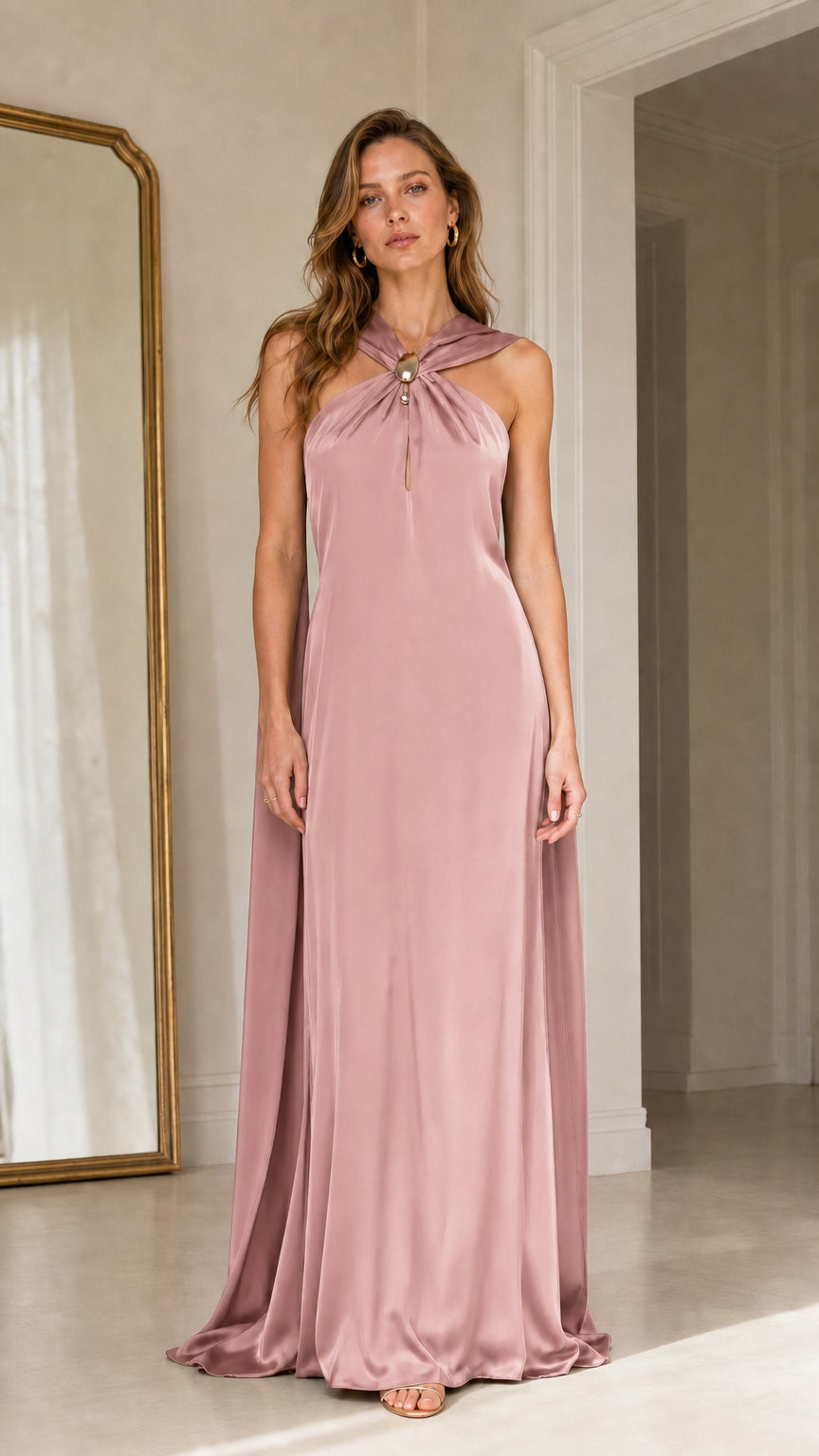 Front view of dusty pink satin halter maxi dress