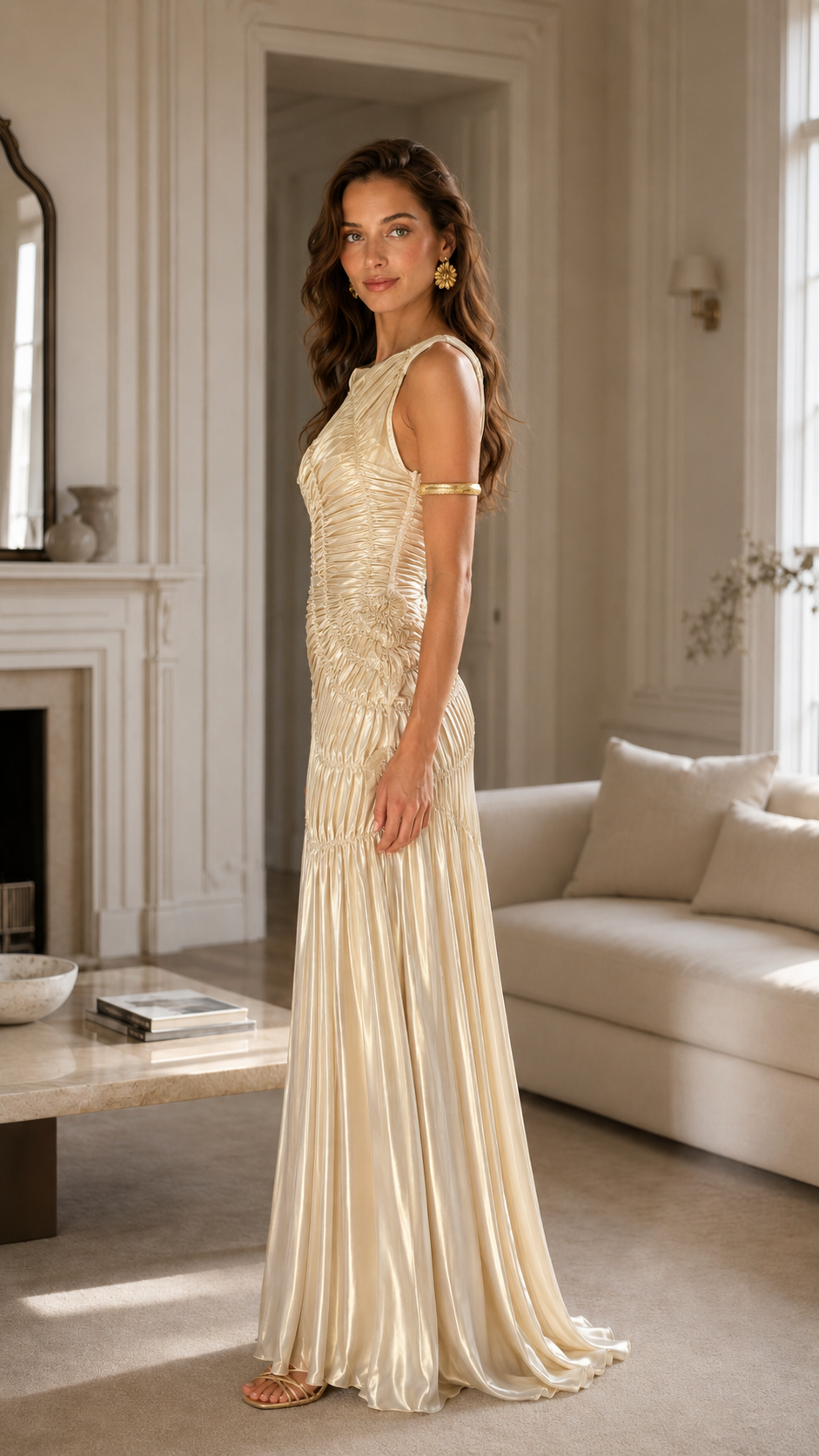 Side view of champagne ruched sleeveless mermaid maxi evening gown