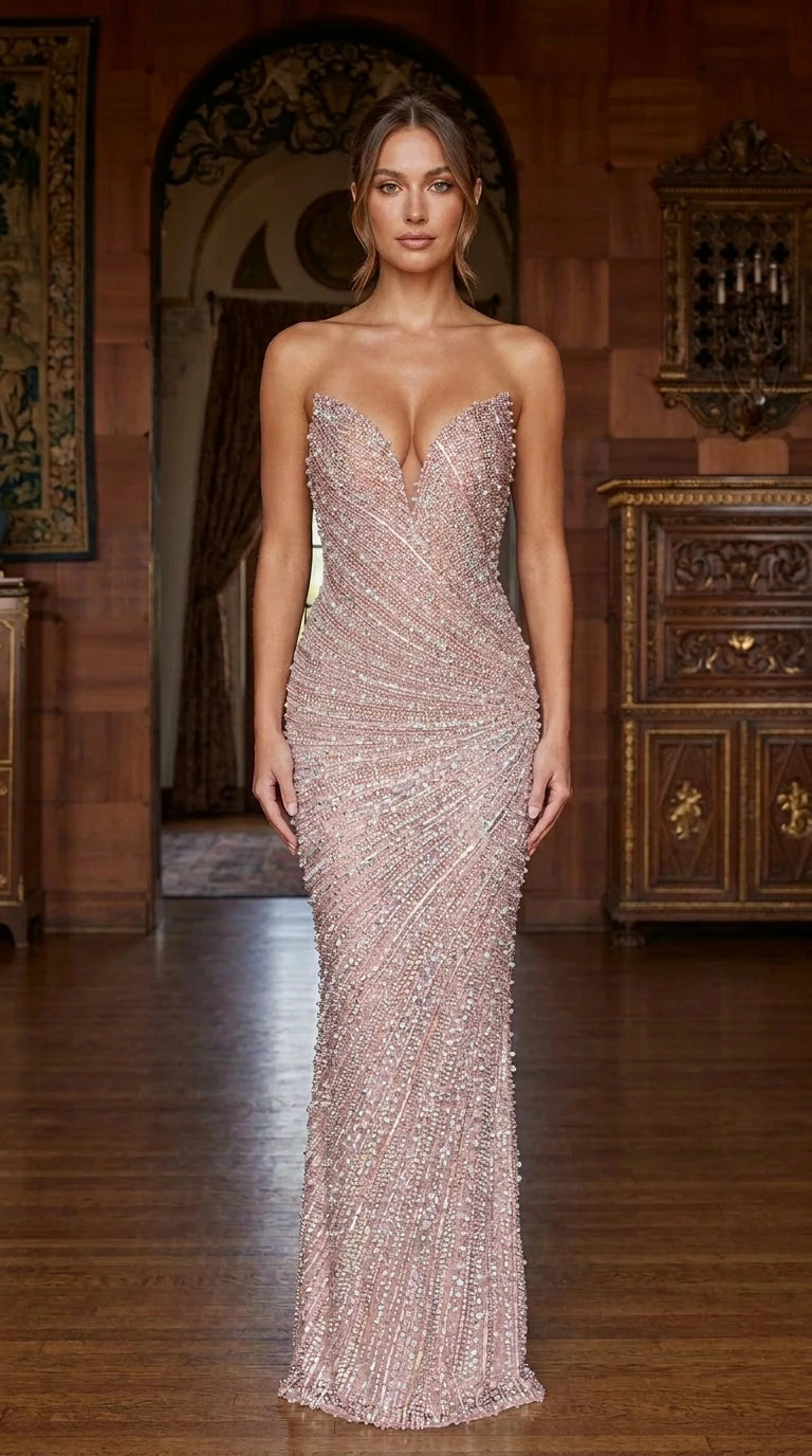 Front view of rose gold color variant of the strapless evening gown