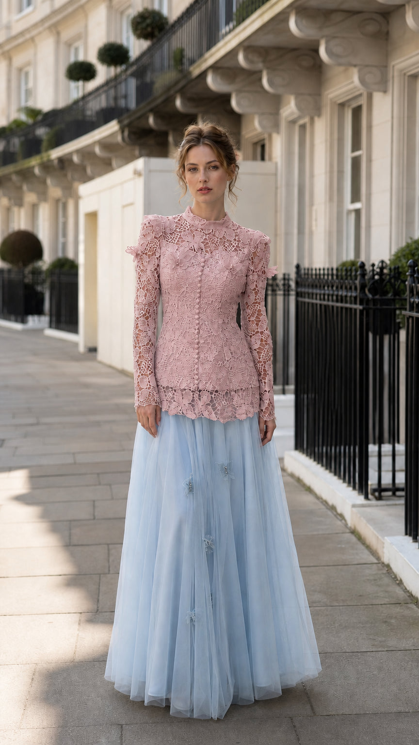Full view of the pink lace top paired with the light blue tulle skirt