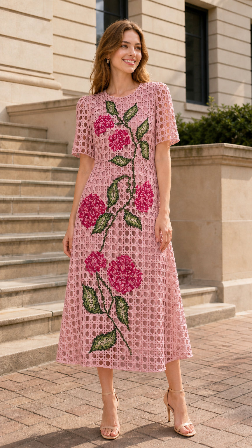 Front view of woman wearing pink floral embroidered midi dress