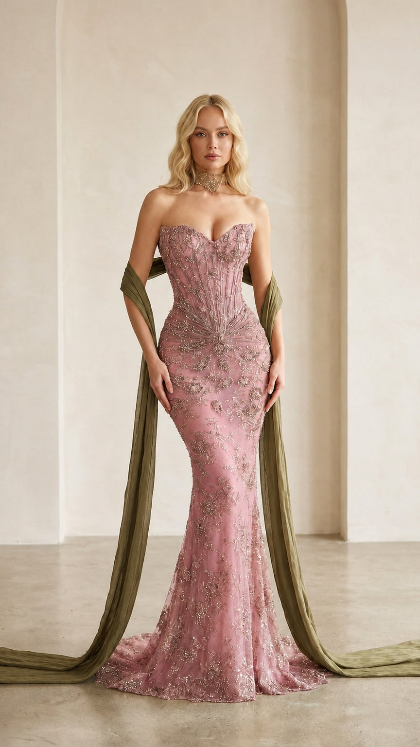 Front view of pink color variant of the embellished evening gown