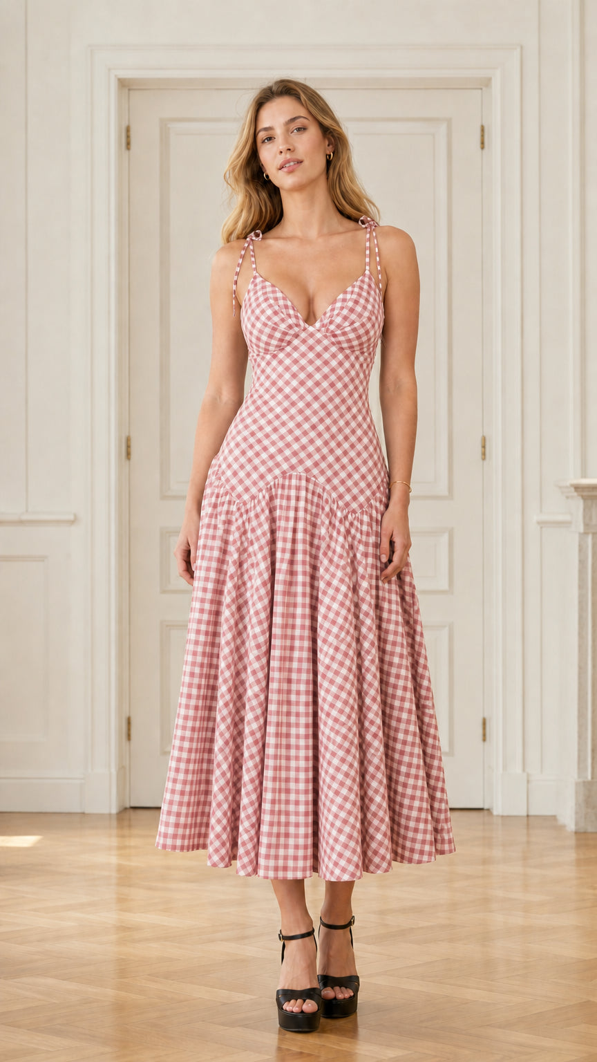 Front view of model wearing pink and white gingham midi dress