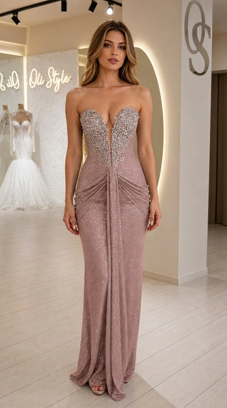 Front view of model wearing rose pink strapless sequin evening dress