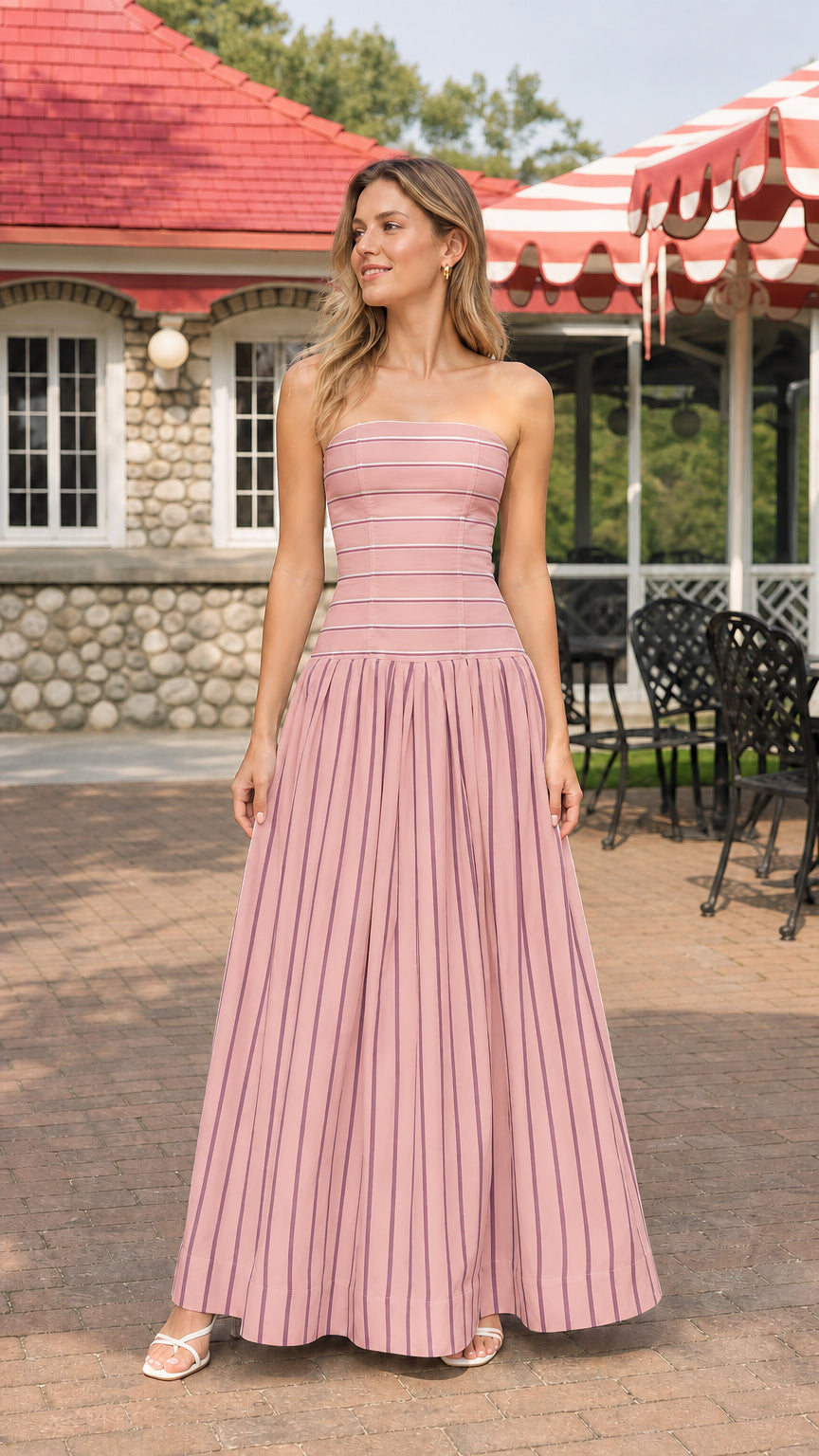 Model wearing pink and white striped strapless maxi dress