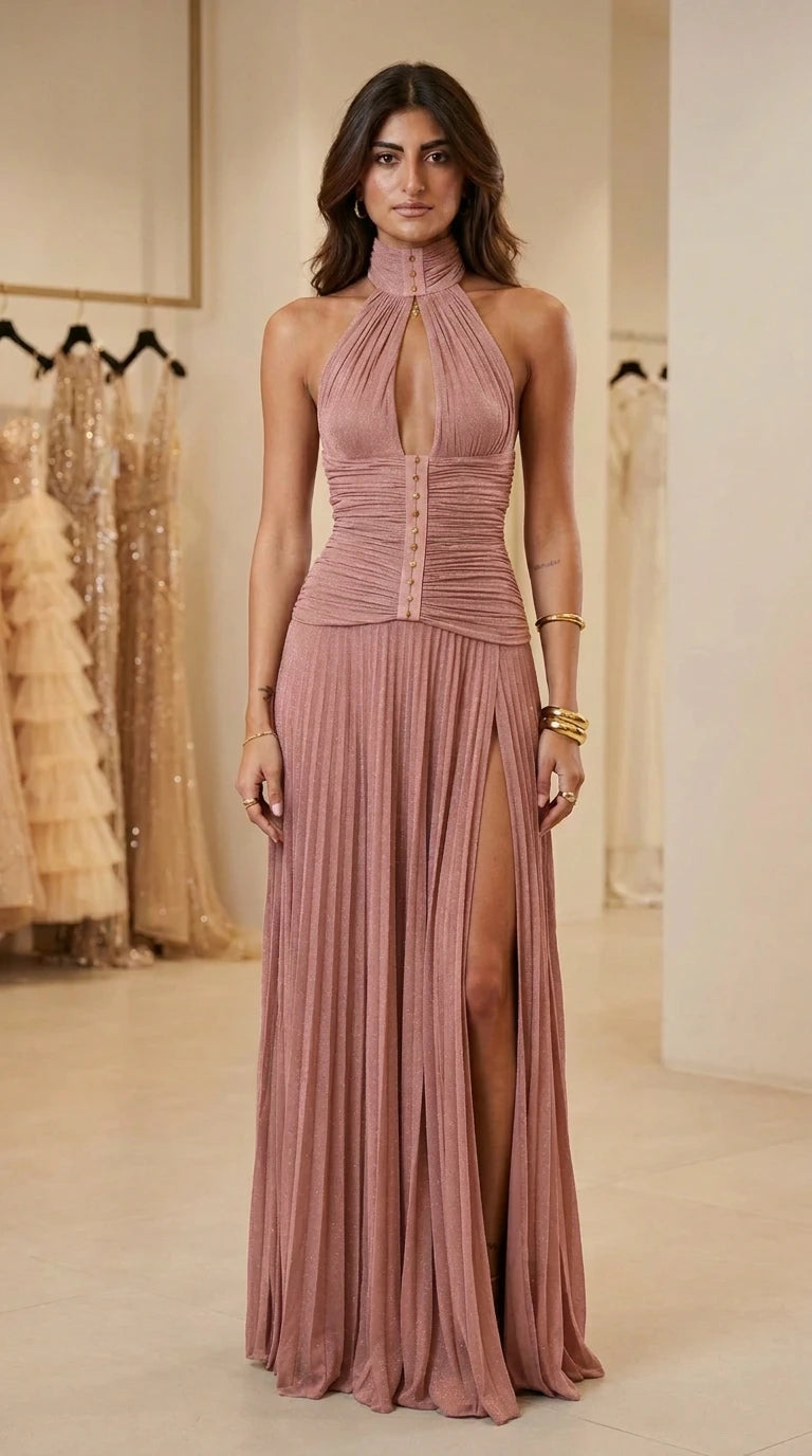 Front view of dusty rose halter pleated maxi evening dress
