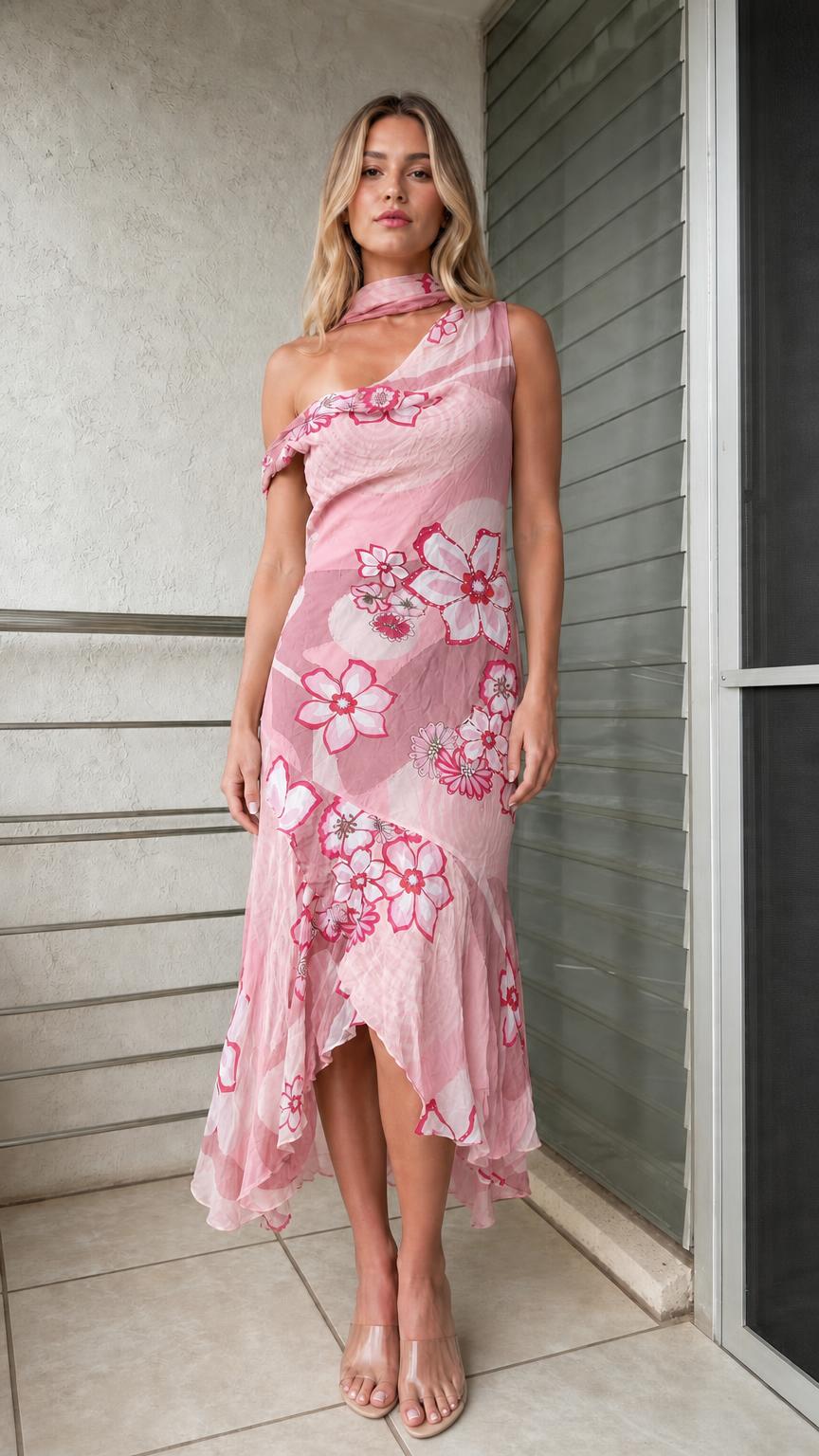 Model wearing soft pink one-shoulder floral print ruffle midi dress