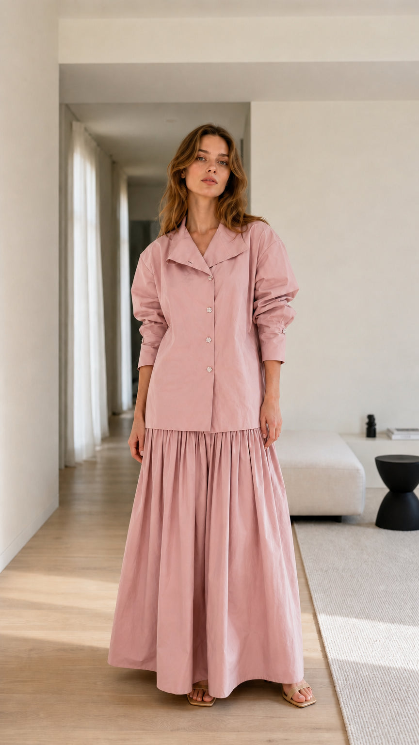 Model wearing pink two-piece set