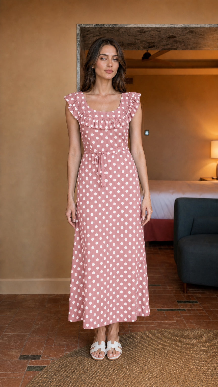 Woman wearing pink polka dot midi dress