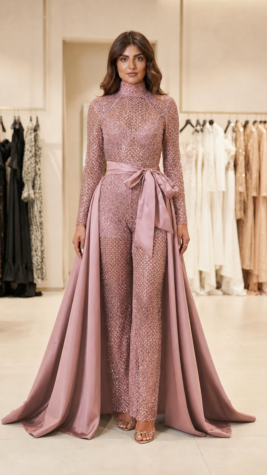Front view of dusty rose sequin jumpsuit with matching satin overskirt