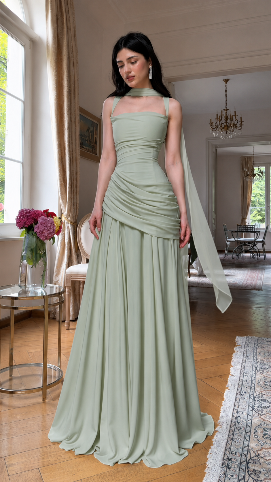 Front view of sage green sleeveless ruched maxi gown with scarf detail