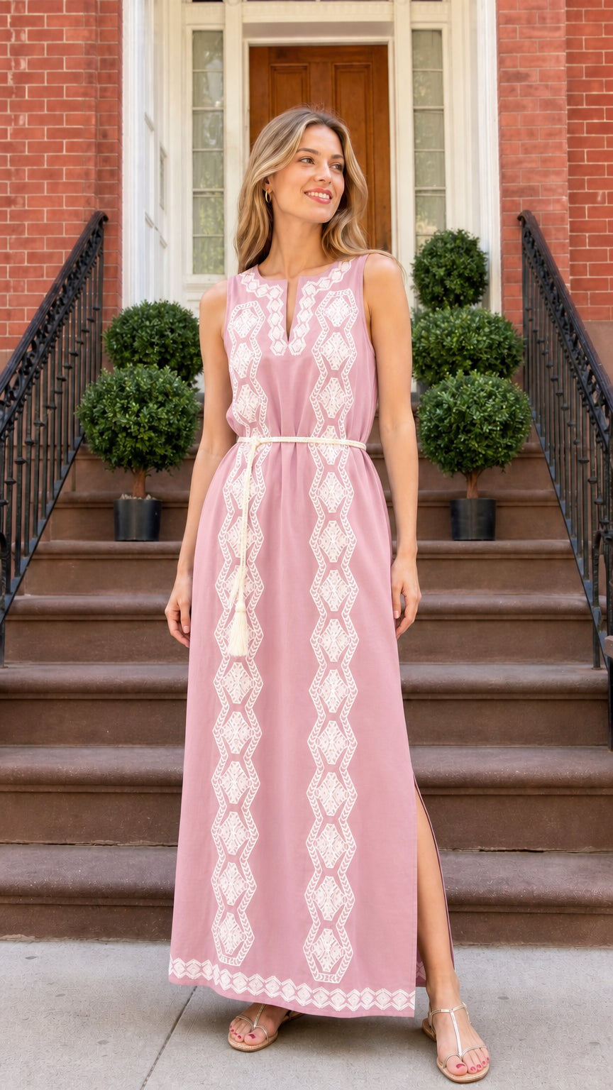 Front view of woman wearing pink embroidered maxi dress