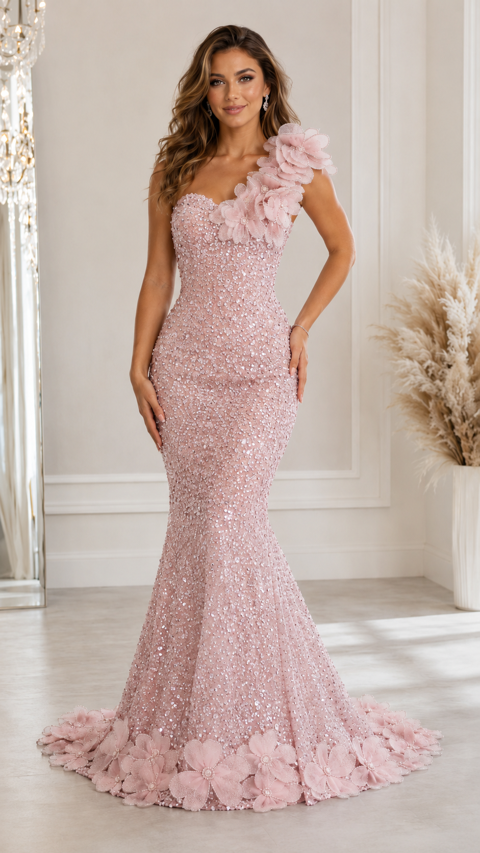 Front view of blush pink one-shoulder embellished mermaid evening gown