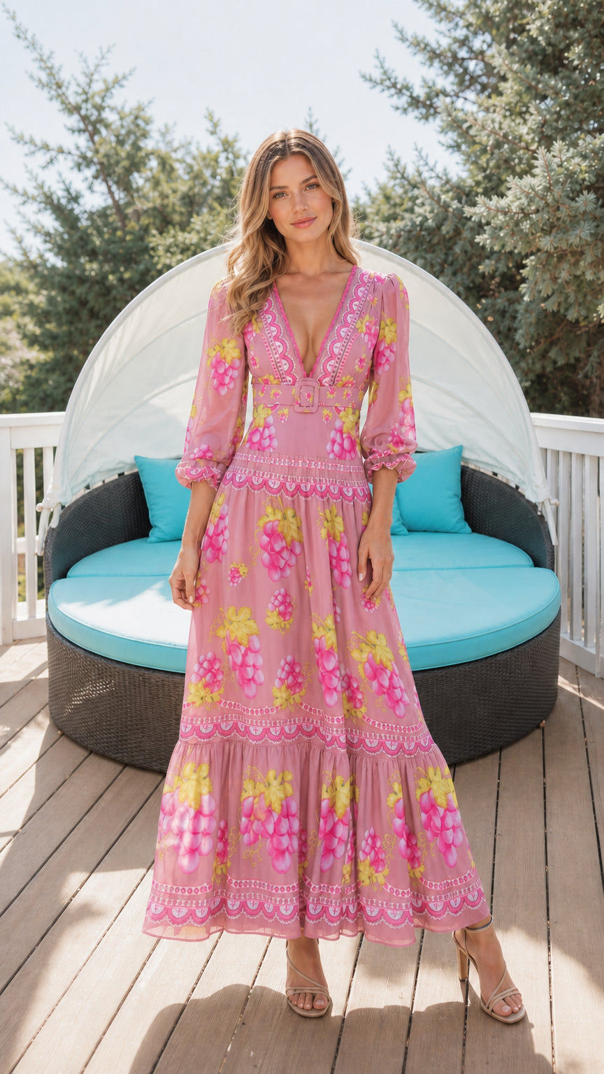 Woman wearing pink floral print maxi dress