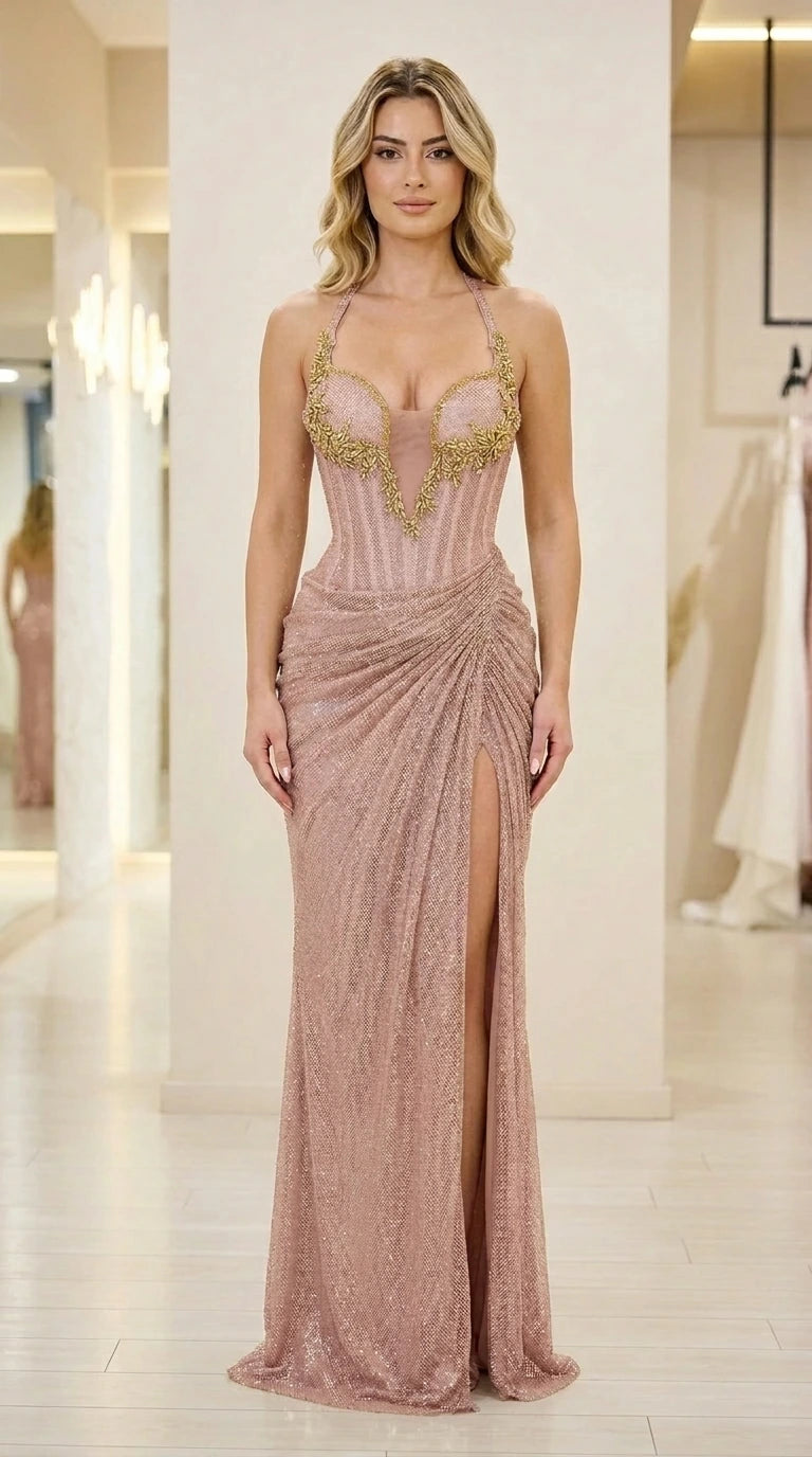 Front view of blush pink glitter evening gown