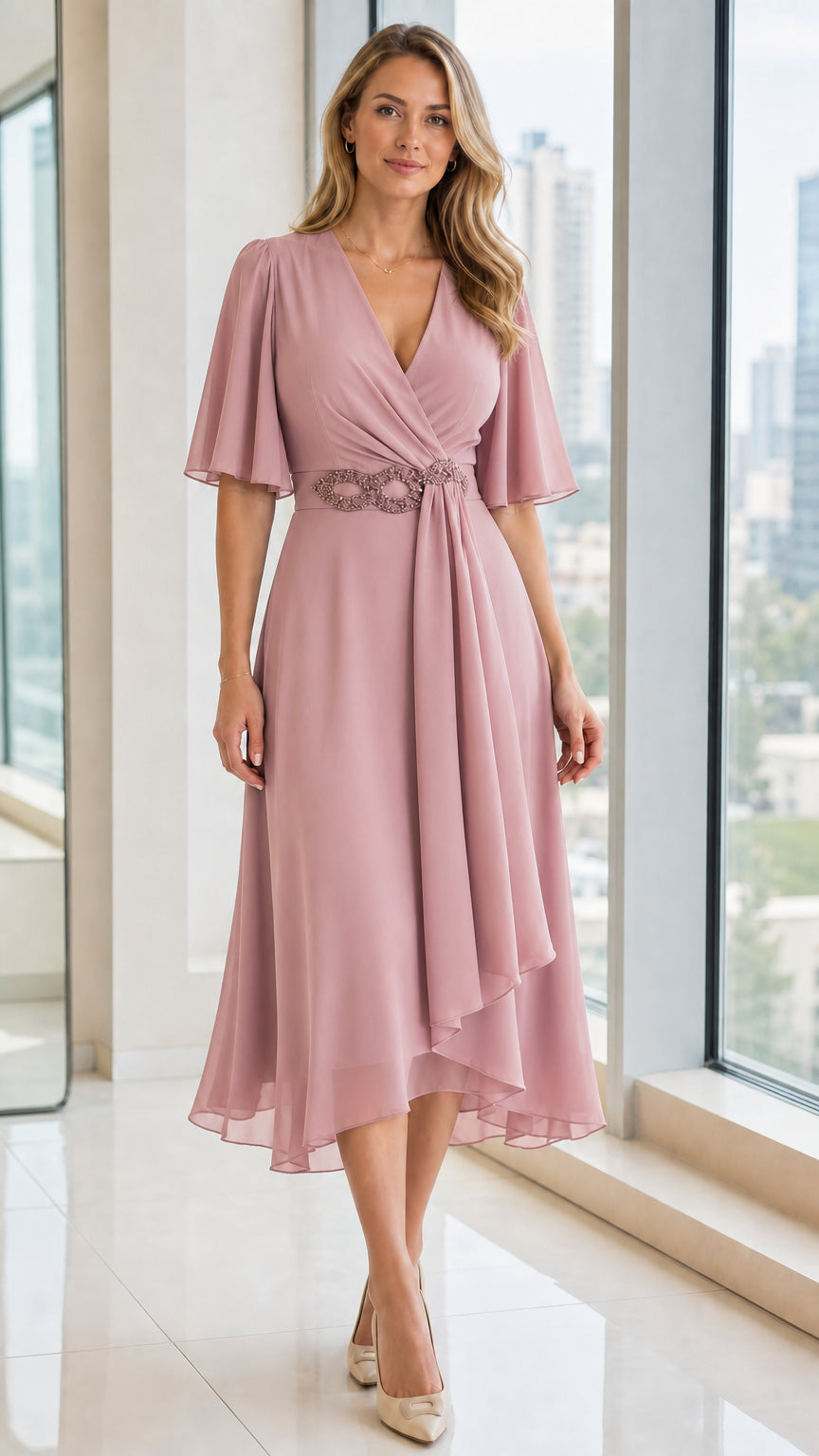 Front view of dusty rose V-neck chiffon midi dress on model