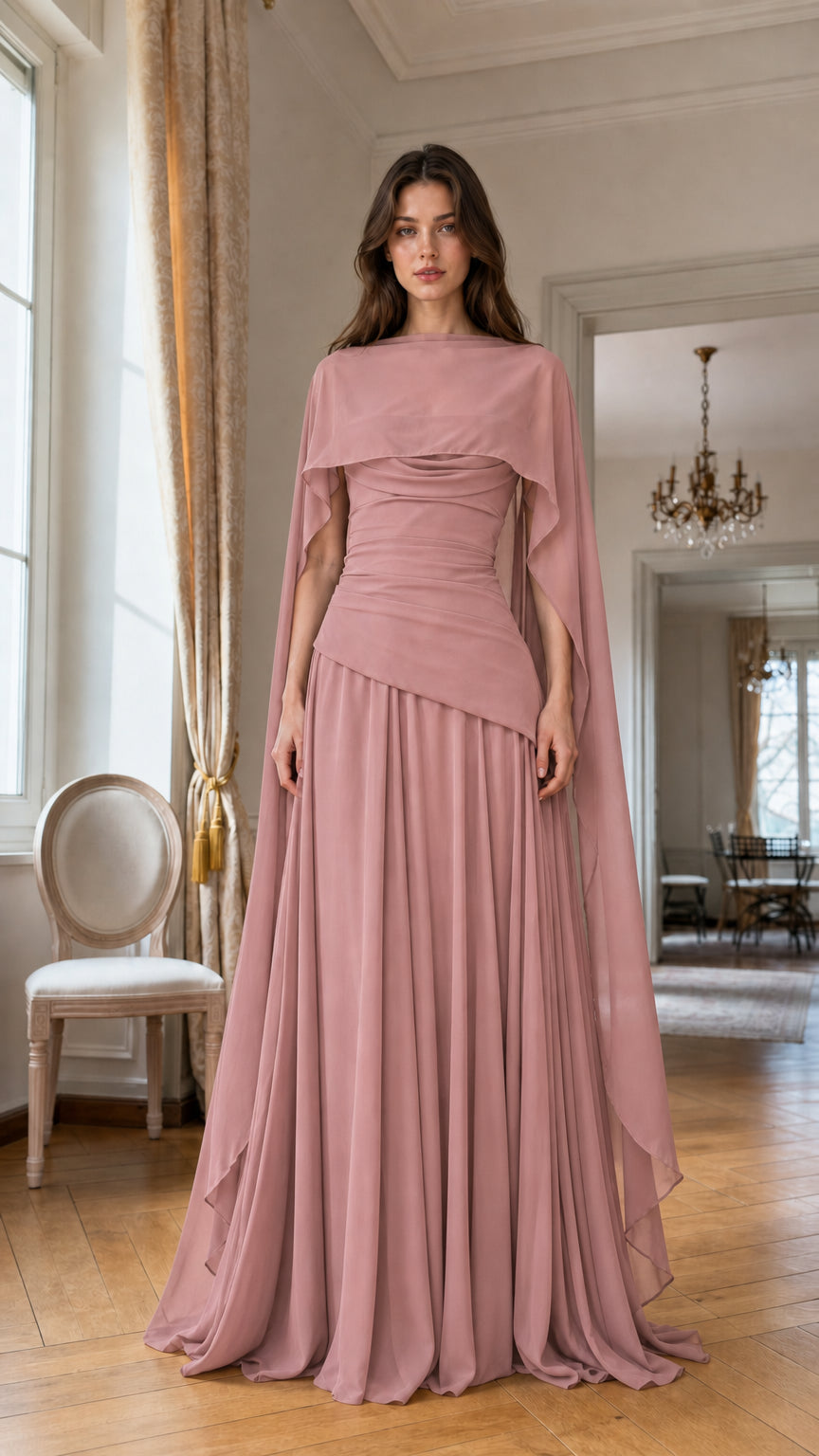 Full front view of Dusty Rose chiffon evening dress