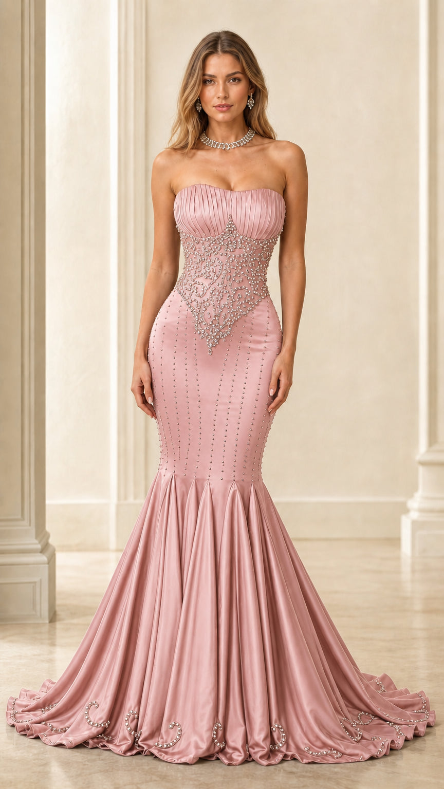 Front view of pink strapless beaded evening gown
