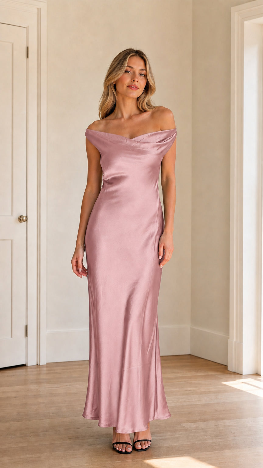 Model wearing pink off-shoulder satin maxi dress