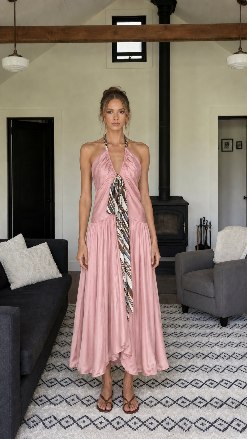 Front view of woman wearing pink halter neck long dress