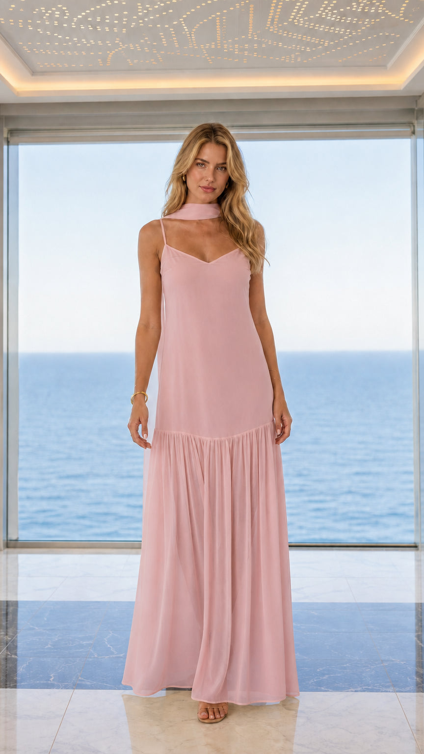 Front view of pink choker maxi dress