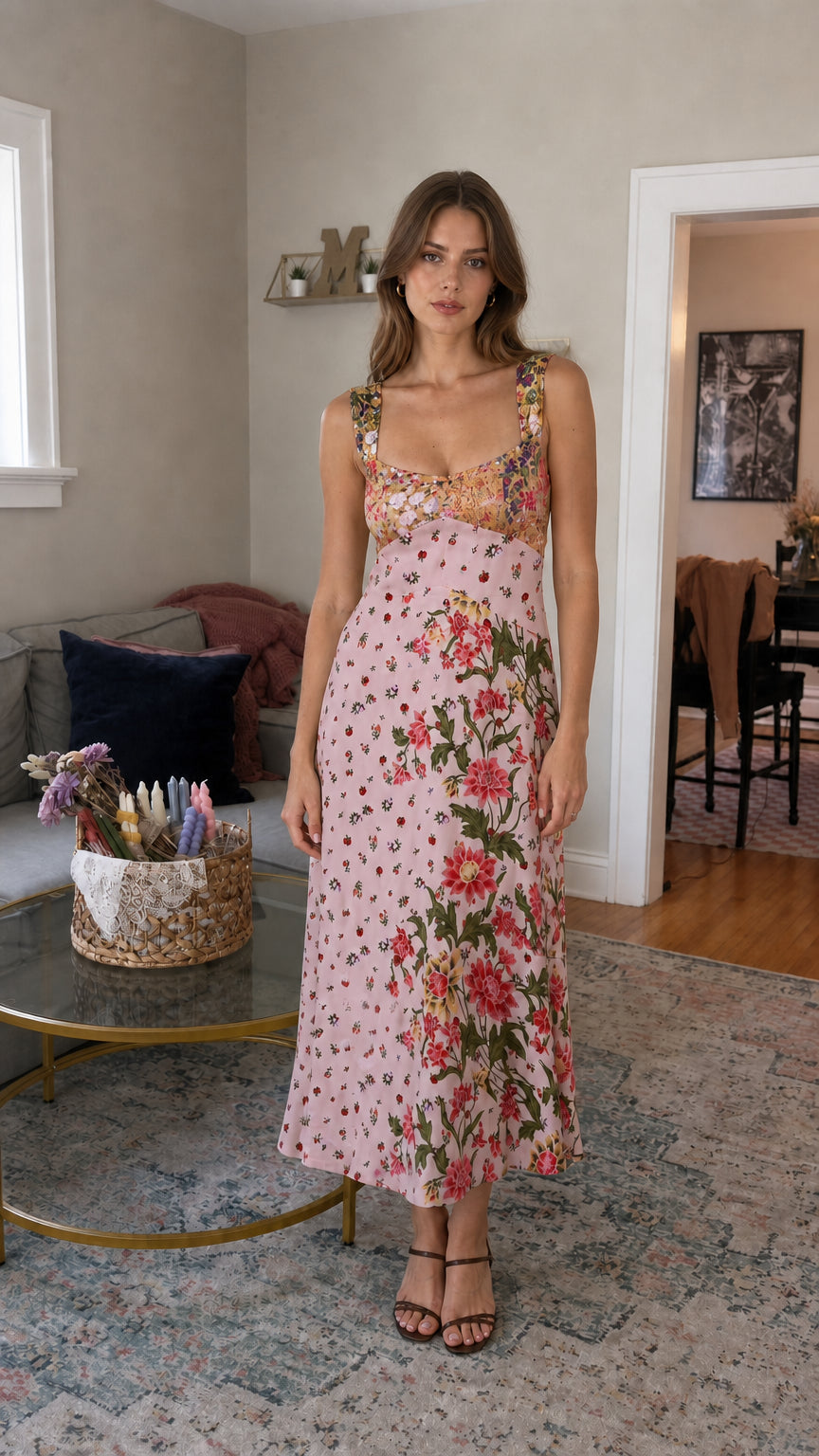 Front view of pink floral patchwork midi dress on model