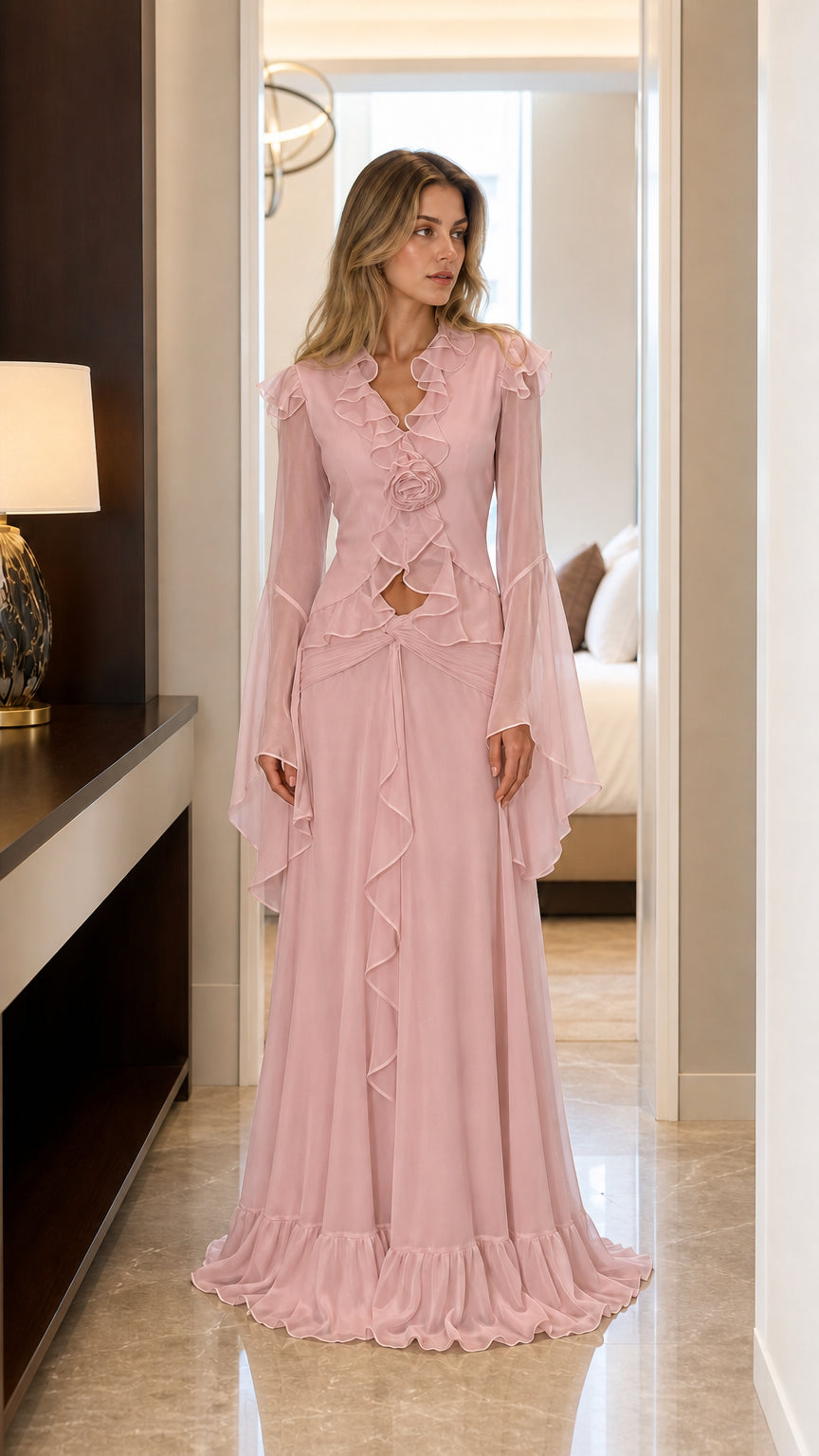 Front view of dusty pink romantic maxi dress