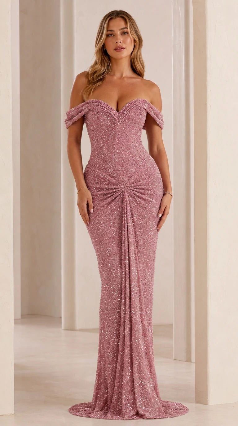 Model wearing dusty rose off-shoulder sequin evening gown