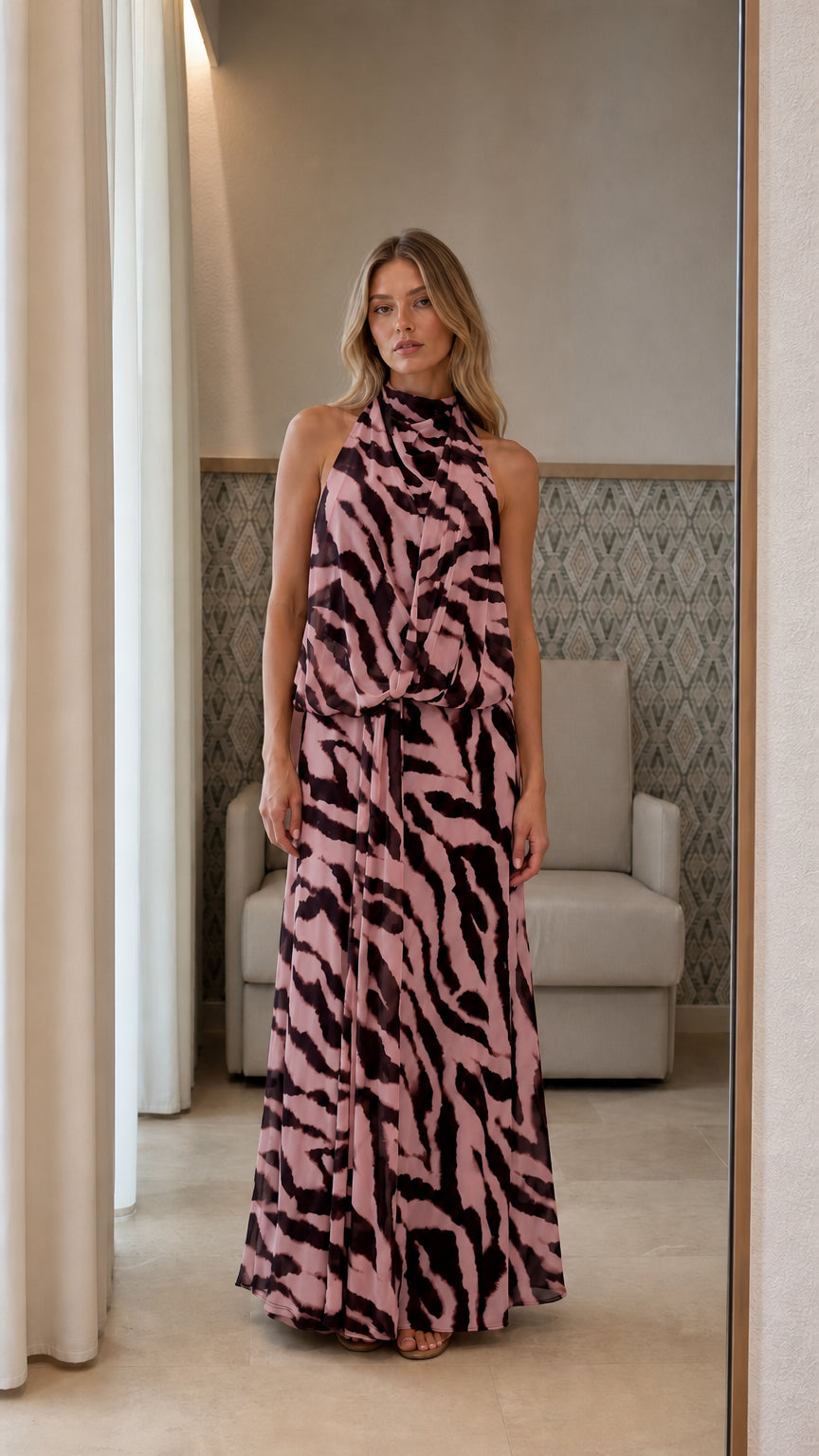 Front view of pink animal print maxi dress