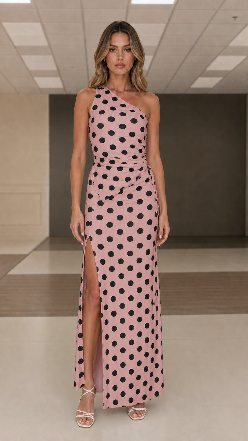 Front view of pink and black polka dot one shoulder maxi dress