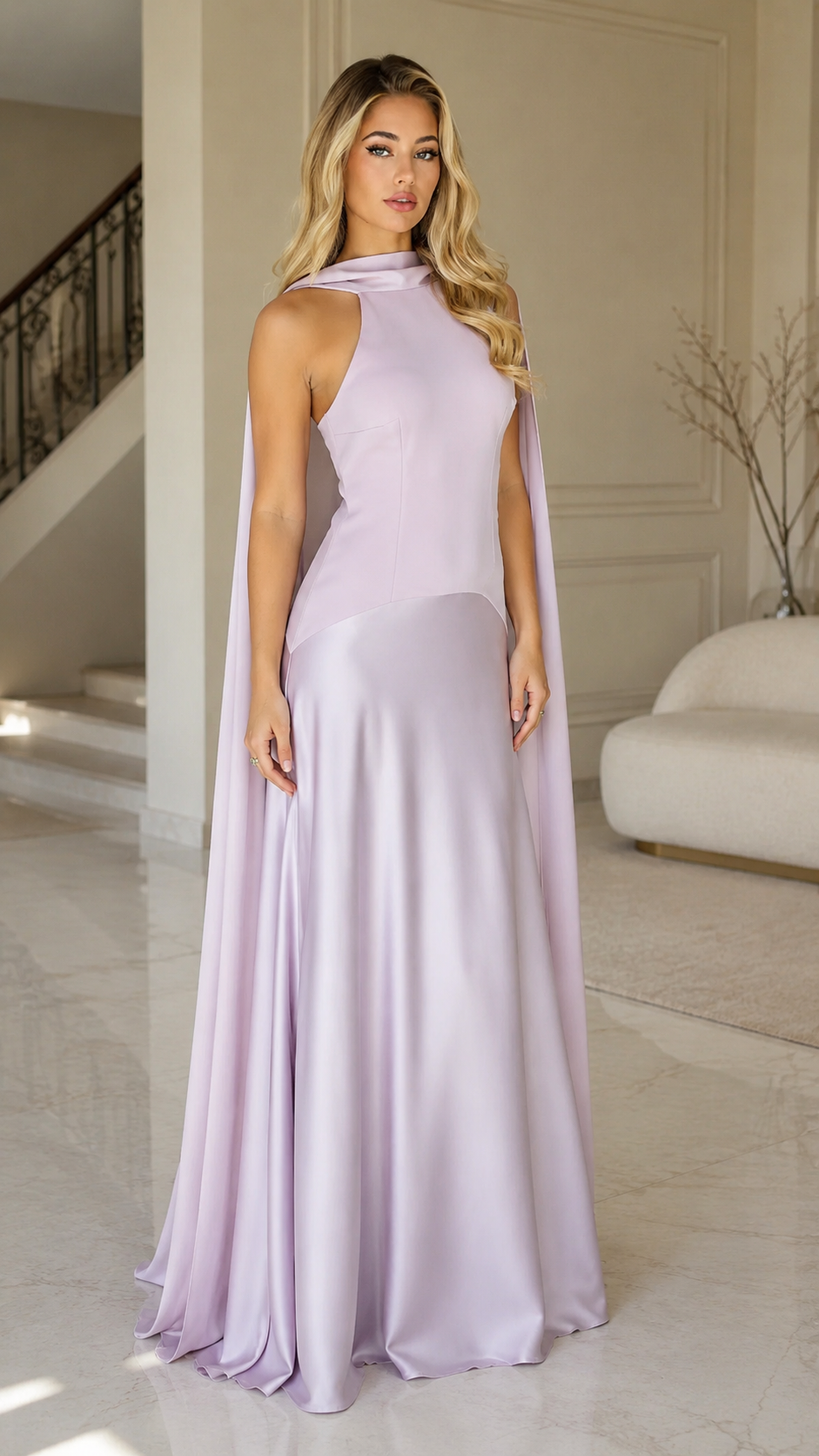 Lavender high neck cape gown front view with flowing skirt