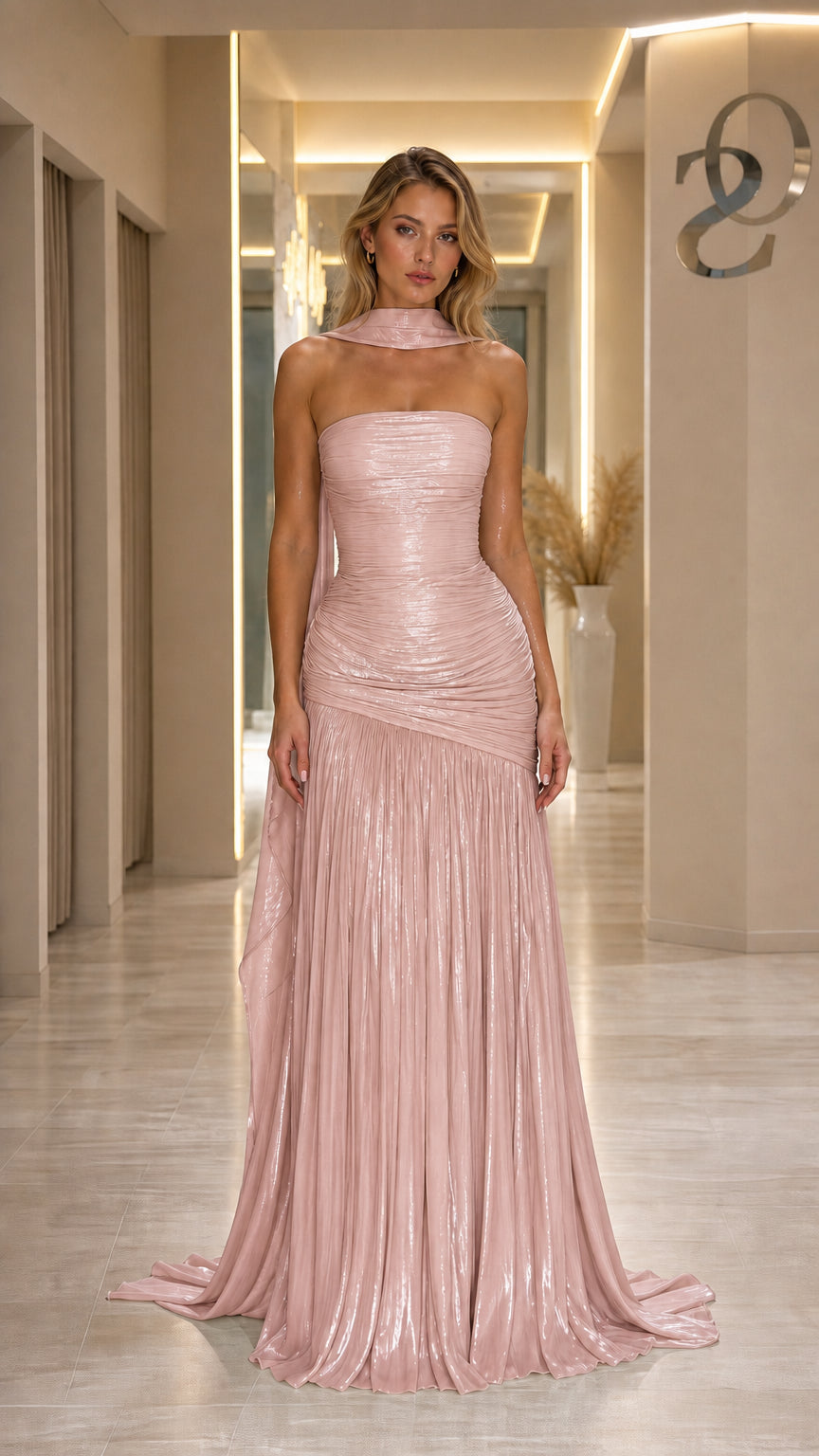 Front view of Blush Pink strapless evening gown with scarf