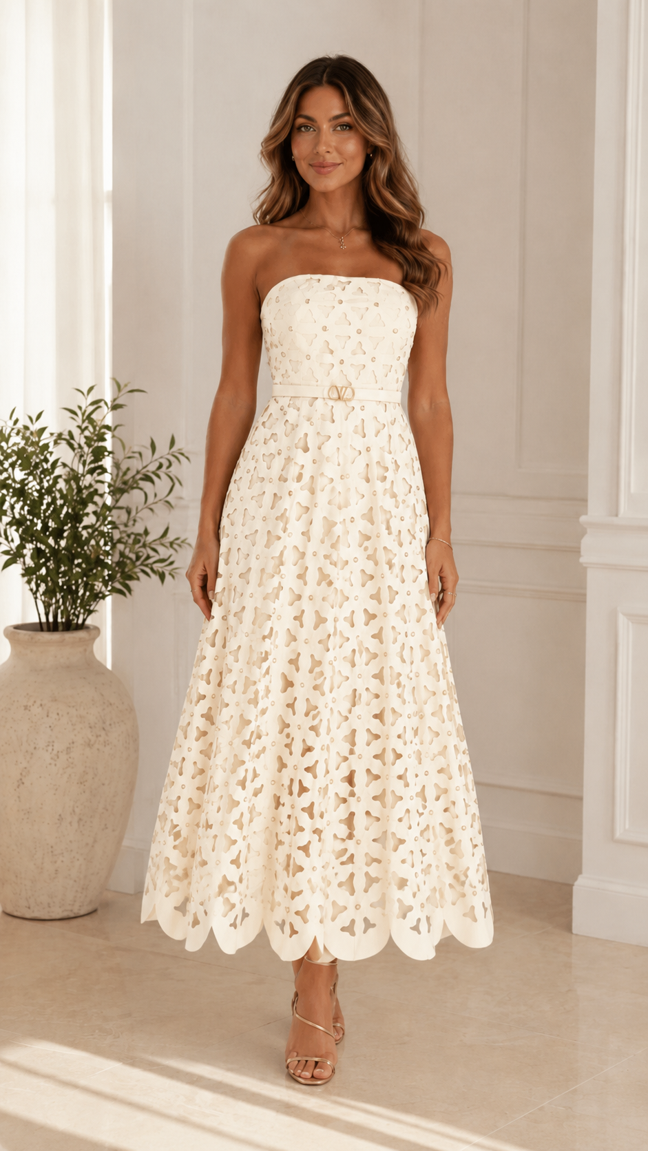 Front view of ivory strapless cutout lace midi dress
