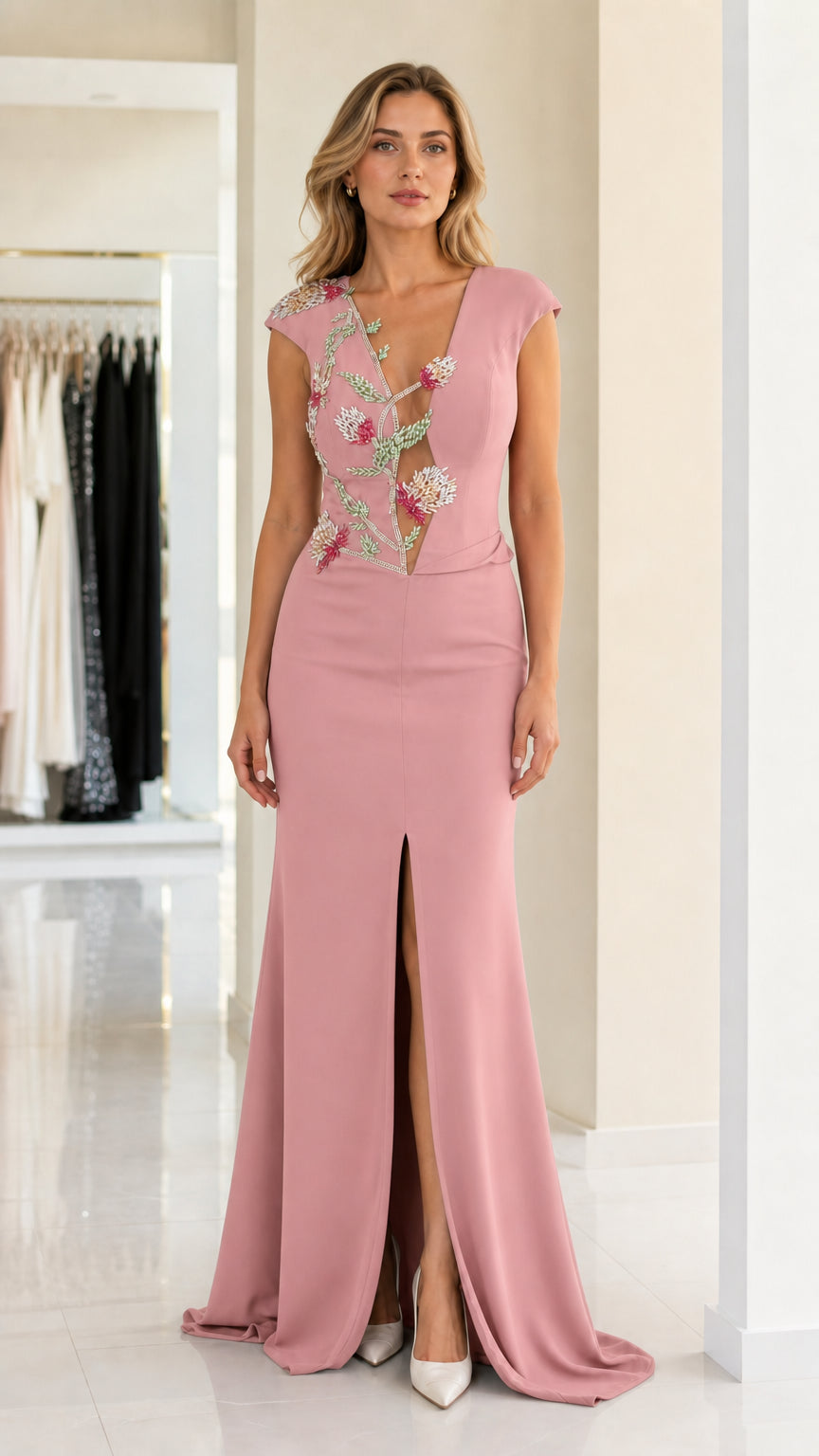 Front view of rose pink evening dress with beaded floral applique
