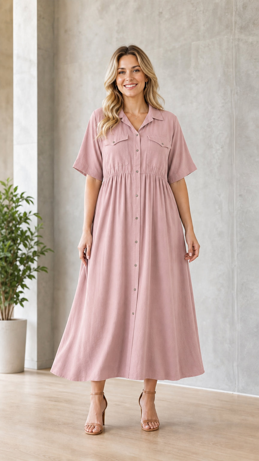 Woman wearing pink utility midi shirt dress