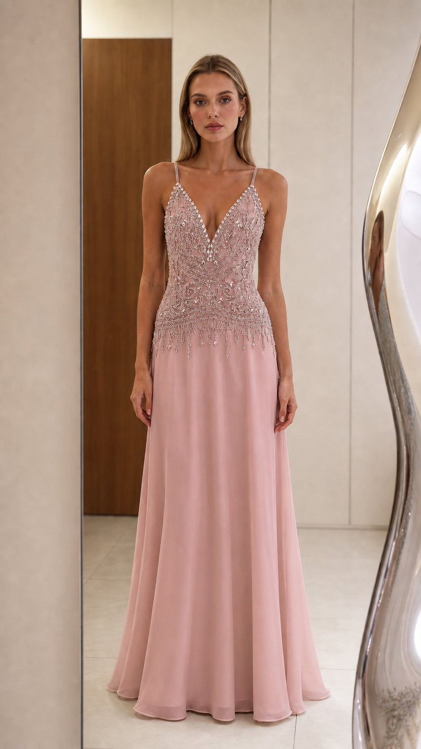 Front view of pink evening gown with sequin bodice