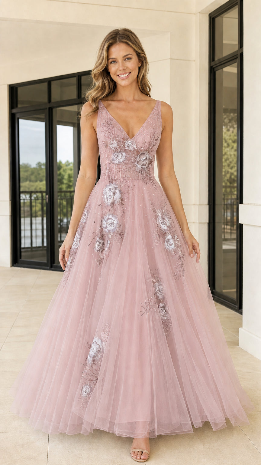 Front view of dusty pink floral embroidered tulle evening gown