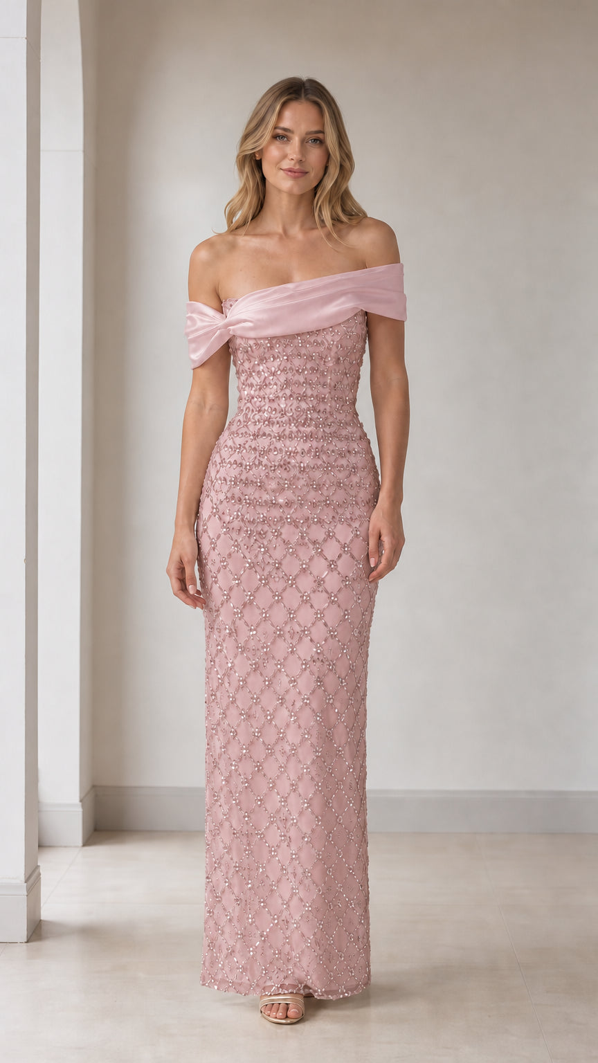 Front view of pink off-shoulder beaded evening gown