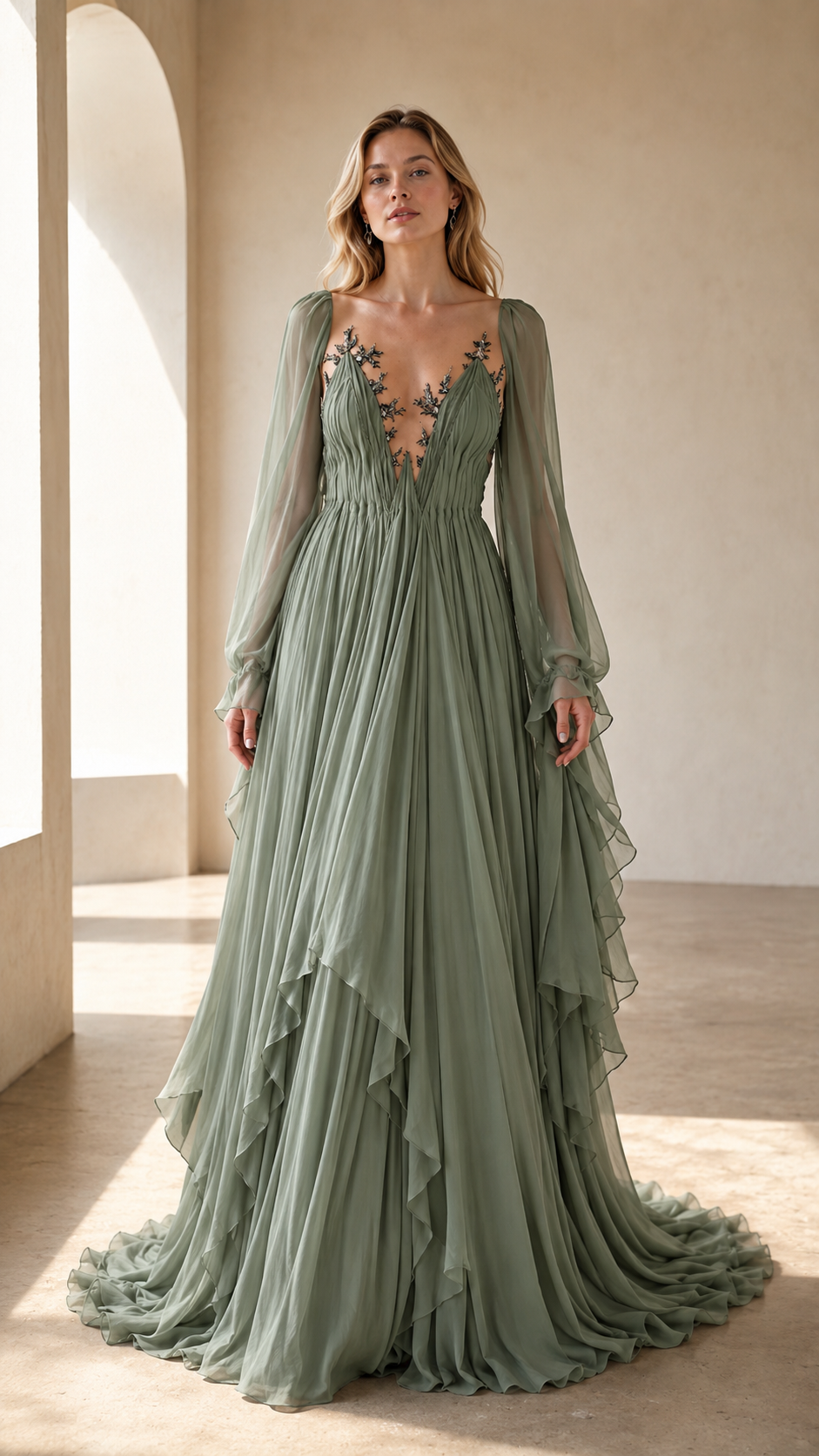 Front view of sage green pleated evening gown with sheer sleeves and appliqué neckline