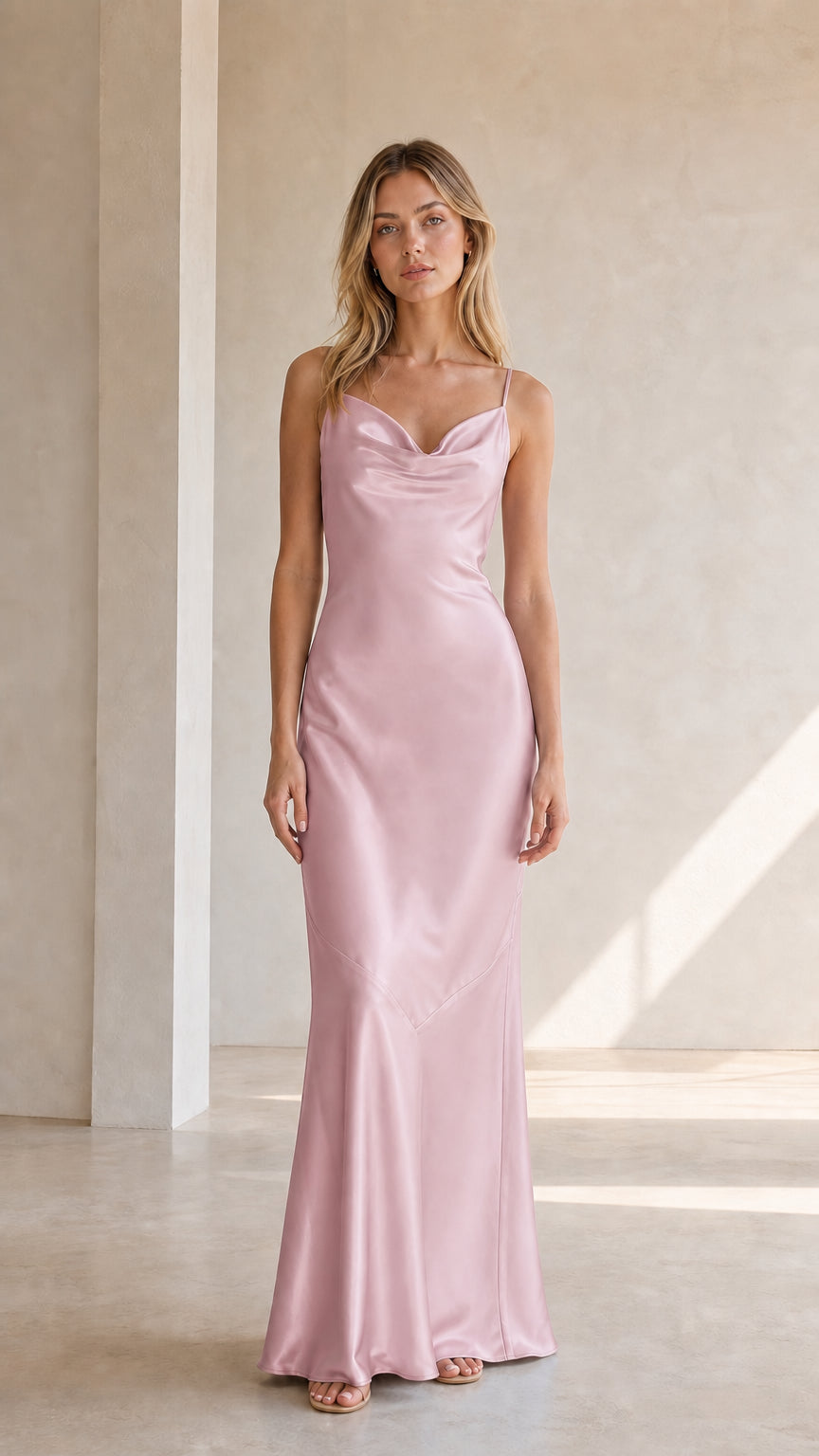Front view of model wearing pink satin cowl neck maxi dress