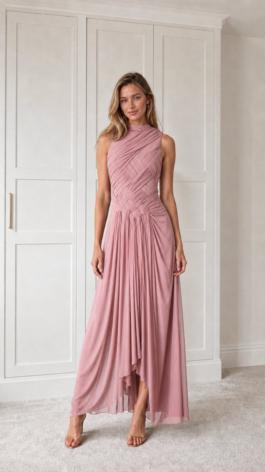 Front view of dusty rose pleated maxi dress