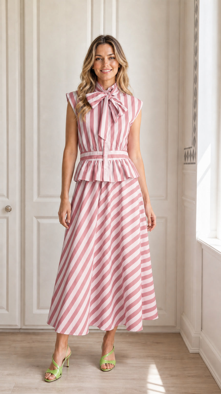 Model wearing pink and white striped midi dress
