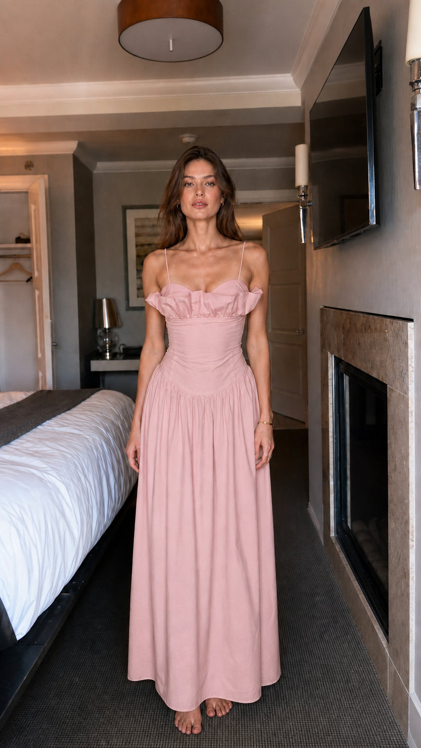 Full view of woman wearing pink ruffled maxi dress