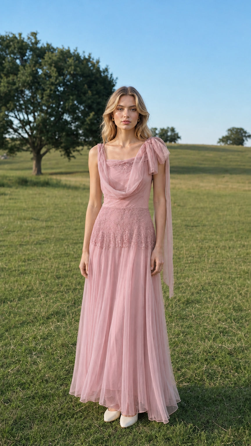 Front view of model wearing pink tulle maxi dress