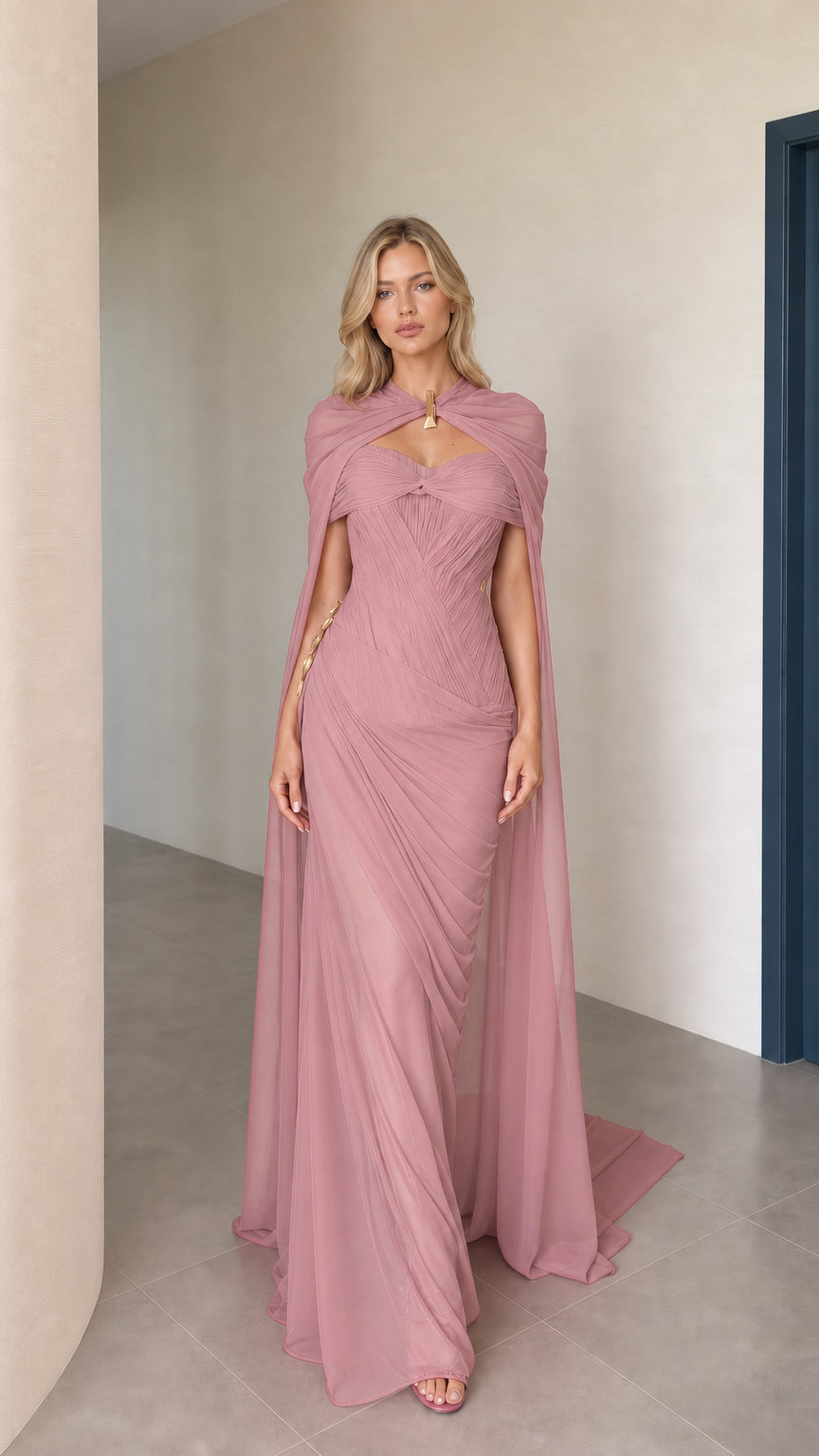 Front view of dusty rose cape maxi evening dress